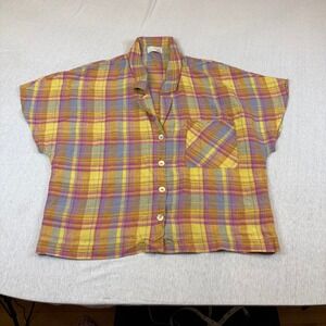 Wilfred Free aritzia Plaid Button Up Shirt Women Size M Yellow Pink Short Sleeve
